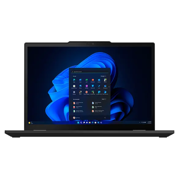 Vue avant du PC portable Lenovo ThinkPad X13 2-en-1 Gen 5, ouvert à 90 degrés pour montrer l’écran.