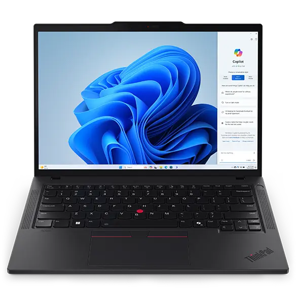 Close-up, front view of Lenovo ThinkPad P14s Gen 5 (14'' AMD) black laptop opened at 90 degrees, focusing its keyboard frame with enlarged touchpad & Windows Copilot menu displayed on the right of screen.