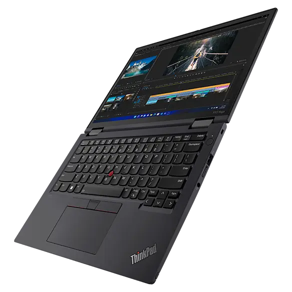 Right side view of ThinkPad X13 Yoga Gen 3 (13&quot; Intel), opened 180 degrees, slanted, showing display and keyboard