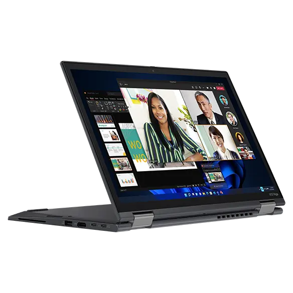 Right side profile of ThinkPad X13 Yoga Gen 3 (13&quot; Intel), opened 90 degrees, showing thinness and ports