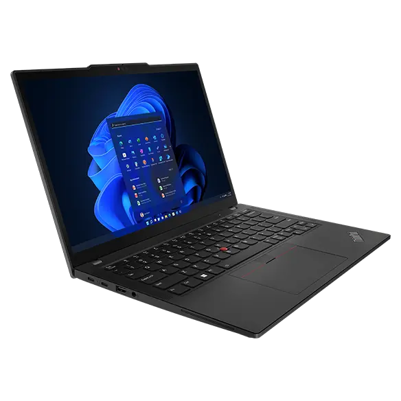 Lenovo ThinkPad X13 laptop: Left-front view, lid open with Windows menu on the display