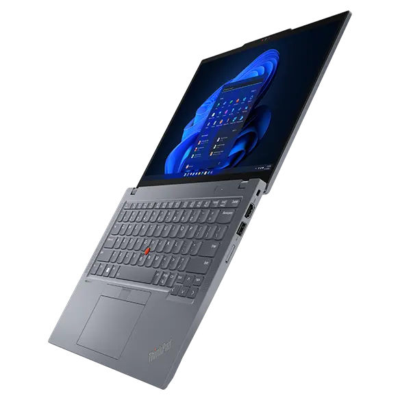 Profil droit du portable Lenovo ThinkPad X13 Gen 4 en gris arctique, ouvert à 180 degrés.