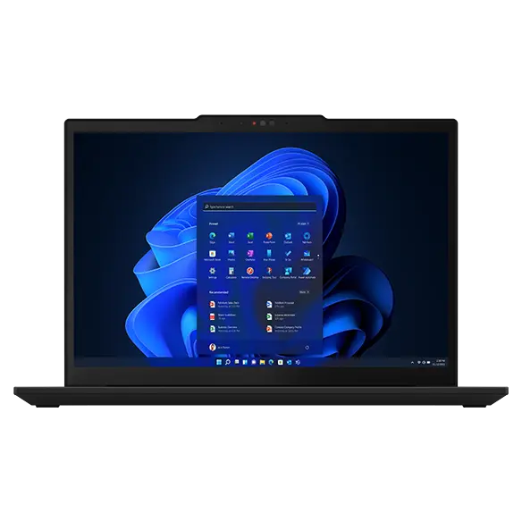 High-angle front-left corner view of a ThinkPad X13 Gen 4 laptop open 110°