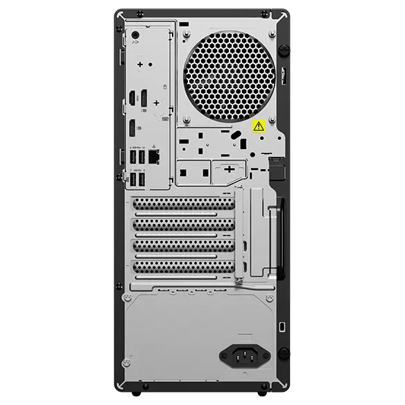 Rear-facing Lenovo ThinkCentre M90t Gen 5 tower with vents, ports, slots & optional expansion slots.