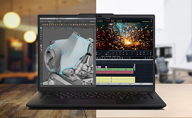 Close-up, front view of Lenovo ThinkPad P14s Gen 5 (14 inch Intel) black laptop placed on a desk opened 90 degrees, focusing its screen showing a 3D modeling software on the left & a video editing app on the right.