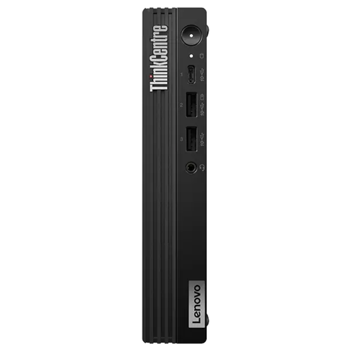 Front-view of Lenovo ThinkCentre M75q Gen 5 Tiny desktop.
