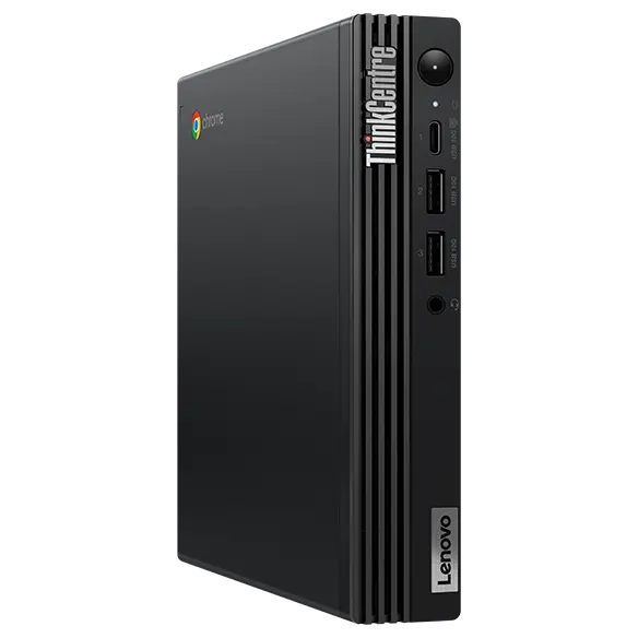 Left-side facing ThinkCentre M60q Chromebox, showing Lenovo and ThinkCentre logos, plus ports