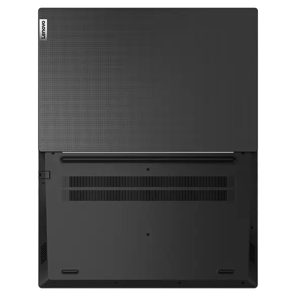 Overhead shot of Lenovo V15 Gen 4 laptop open 180 degrees, showcasing top & bottom covers in Basic Black.