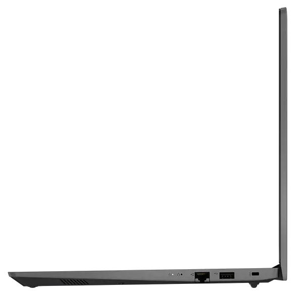 Right side profile of Lenovo V15 Gen 3 (15” AMD) laptop, opened, showing edge of display & keyboard, & ports