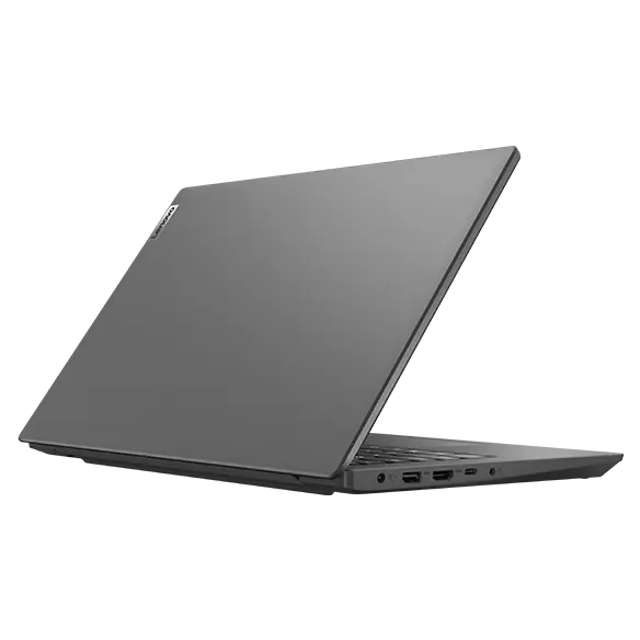 Rear view of right-side of Lenovo V14 Gen 3 (14" Intel) laptop, opened 45 degrees, showing top cover and part of keyboard