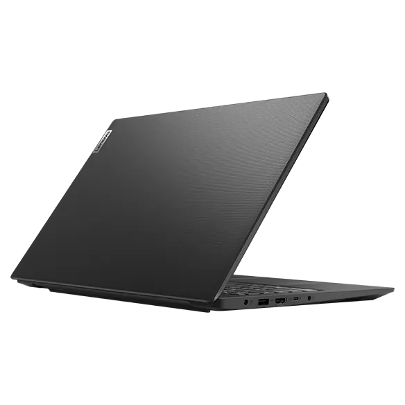 Rear side of Lenovo V15 Gen 4 laptop in Basic Black, showcasing top cover & right-side ports.