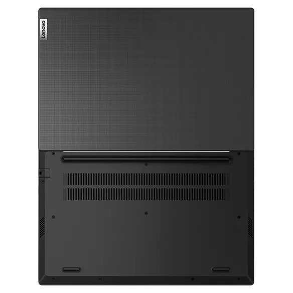 Overhead shot of the Lenovo V14 Gen 4 laptop open 180 degrees, showing top and bottom covers in Business Black. 