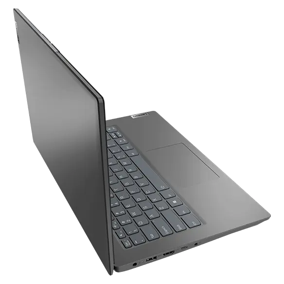Left side view of Lenovo V14 Gen 3 (14” AMD) laptop, opened, showing front cover and part of keyboard
