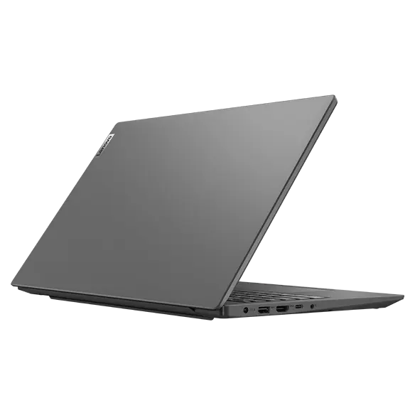 Rear facing, right-side view of Lenovo V15 Gen 3 (15&quot; Intel) laptop, opened 50 degrees, showing rear cover and part of keyboard