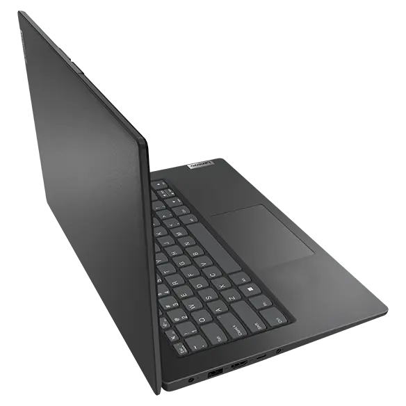 A Business Black Lenovo V14 Gen 4 (Intel) laptop opened 90° and viewed at a high angle from the rear-left corner