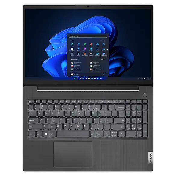 Lenovo V15 Gen 4 laptop: front view, lid open with customized Windows 11 desktop view