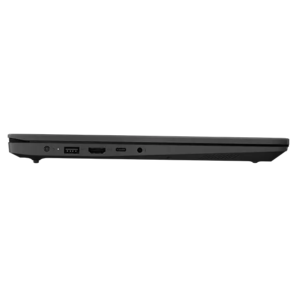 Right-side profile of closed Lenovo V15 Gen 4 laptop in Basic Black.