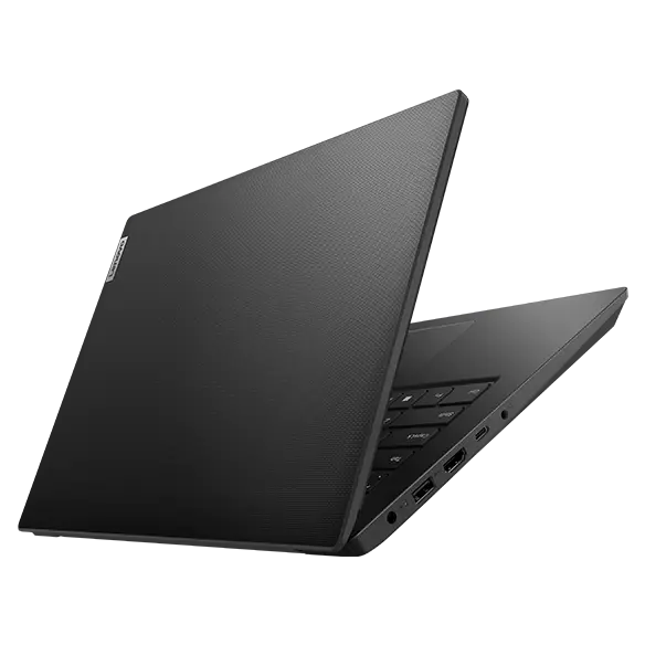 Rear view of Lenovo V14 Gen 3 (14&quot; Intel) laptop, opened 45 degrees in a V-shape, showing top cover, part of keyboard, and ports