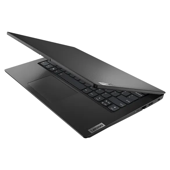 Right side view of Lenovo V14 Gen 3 (14” AMD) laptop, slightly opened, showing front cover and part of keyboard