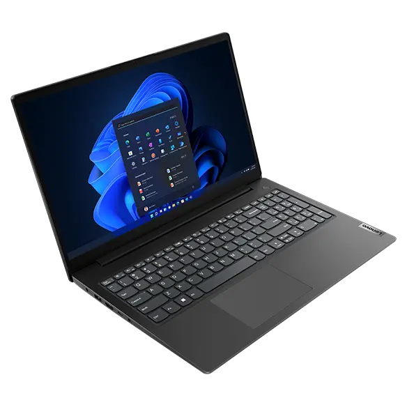 Right-side profile of closed Lenovo V15 Gen 4 laptop in Basic Black.