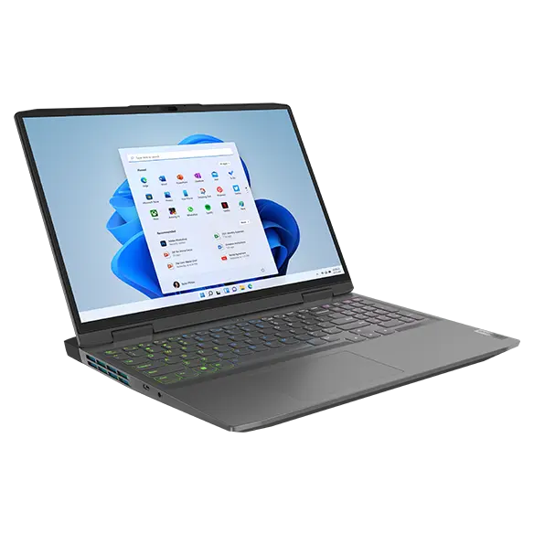 Lenovo LOQ 16APH8 laptop facing right with display on and RGB backlit keyboard
