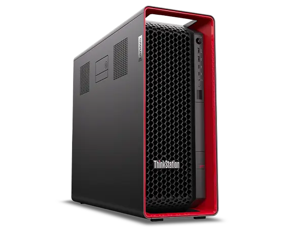 Left-side facing Lenovo ThinkStation P7 workstation, showing iconic ThinkPad red casing & front ports