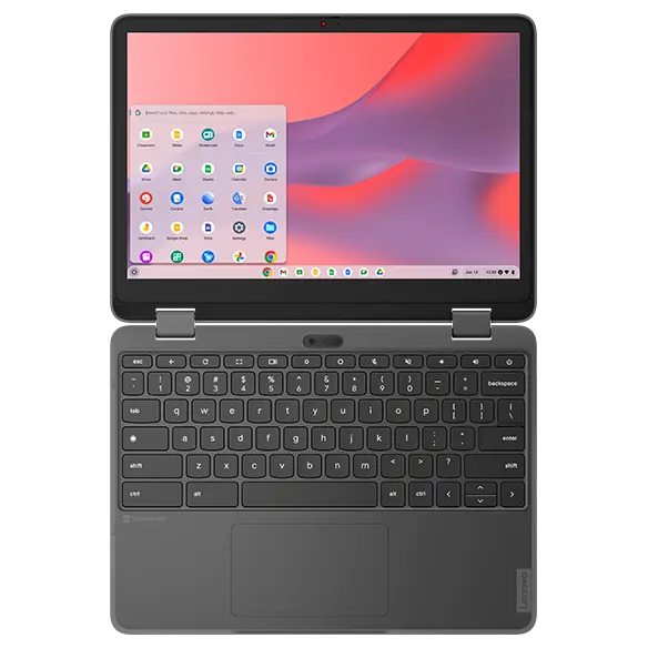 An overhead view a Lenovo 500e Yoga Chromebook Gen 4 2-in-1 laptop open 180° (laying flat)