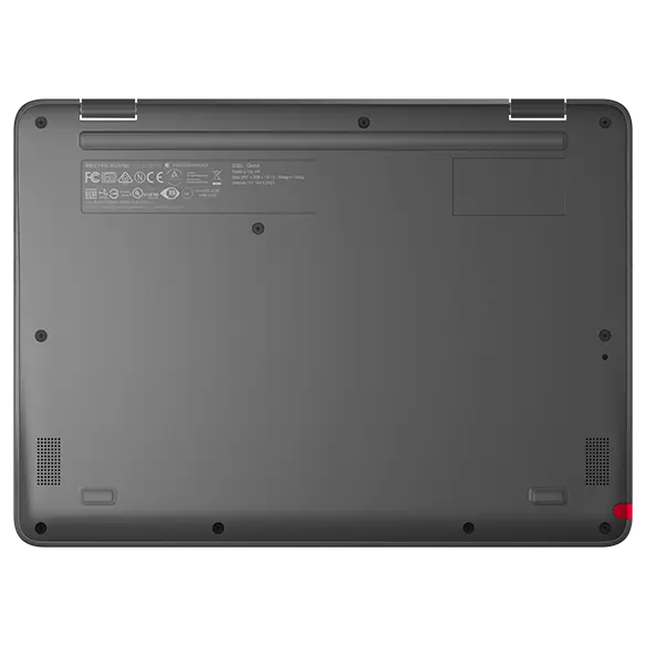 Direct view of the bottom cover of a Lenovo 500e Yoga Chromebook Gen 4 convertible laptop