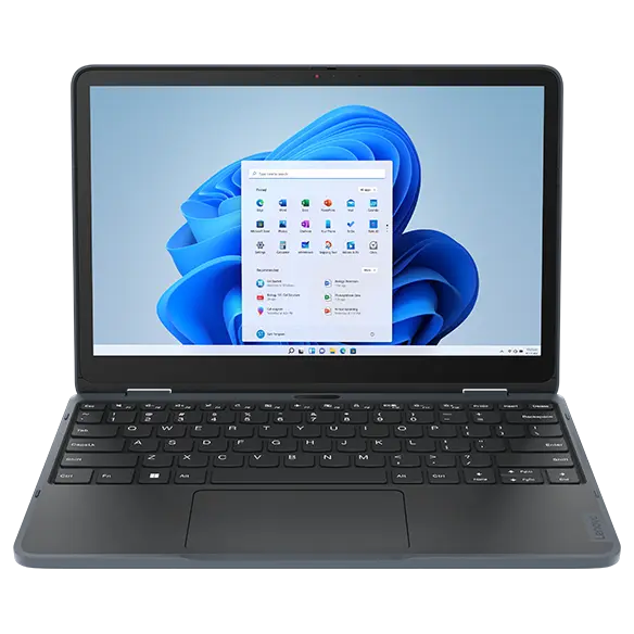 Lenovo 300w Yoga Gen 4 (11” Intel) 2-in-1 laptop – laptop mode, from front, showing Windows menu