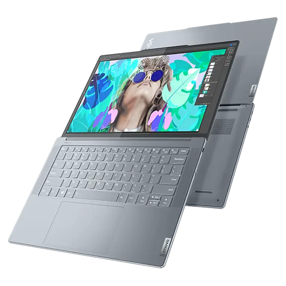 Two Yoga Slim 7 Gen 8 laptops in 180 degree mode
