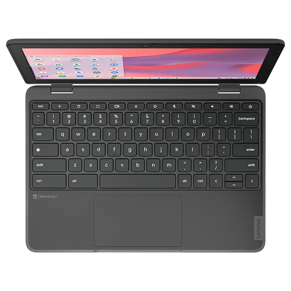 Aerial view of Lenovo 100e Chromebook Gen 4, opened, showing display, full keyboard, & touchpad