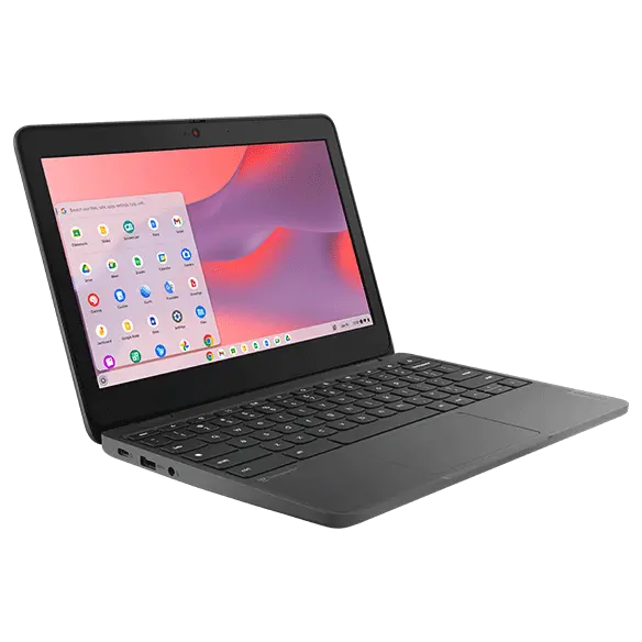 Lenovo 100e Chromebook Gen 4 (11.6” Intel) right facing with home screen on display