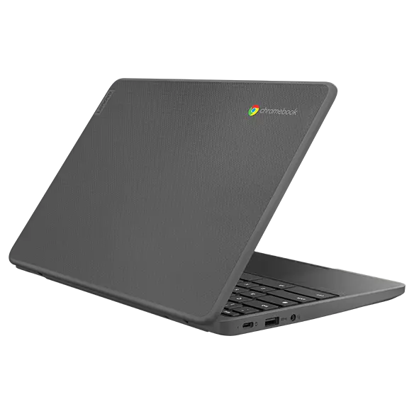 Rear-facing Lenovo 100e Chromebook Gen 4, slightly opened, showing Chromebook & Lenovo logos on front cover, part of keyboard, & left-side ports