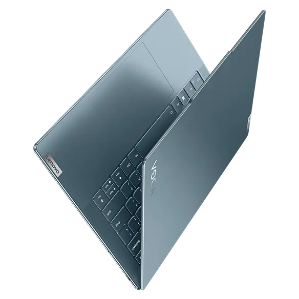 Partially open Yoga Slim 7 Gen 8 laptop facing upward