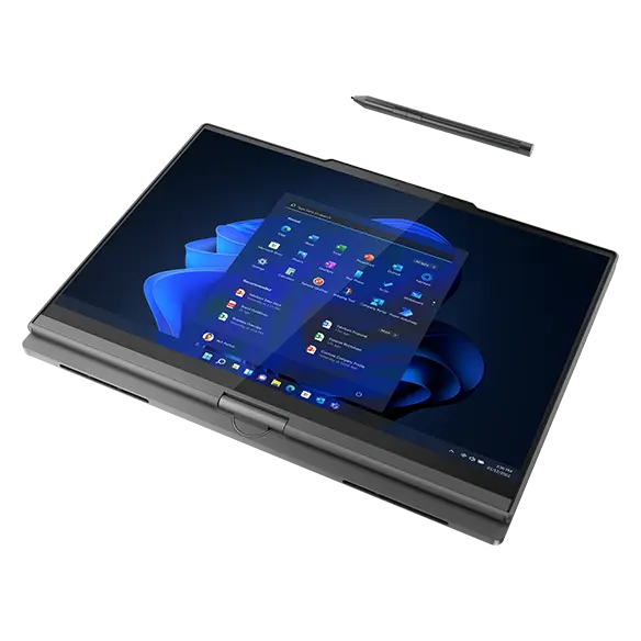 Lenovo ThinkBook Plus Gen 4 (13″ Intel) 2-in-1 laptop—lying flat in OLED tablet mode next to a pen, with Windows menu on the display 