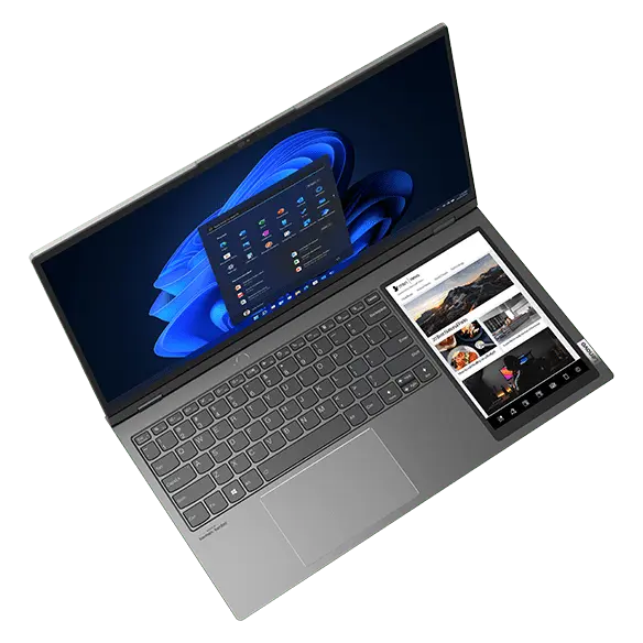 Front-facing Lenovo ThinkBook Plus Gen 3 with main display showing blue swirling shapes