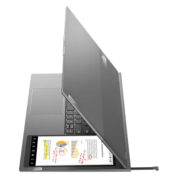 Side-facing Lenovo ThinkBook Plus Gen 3, showing 8" E-ink display with graphs and charts