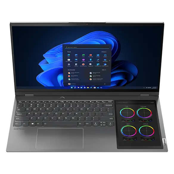 Lenovo ThinkBook Plus Gen 3 with 17.3" main display showing blue swirling shapes and Windows 11 