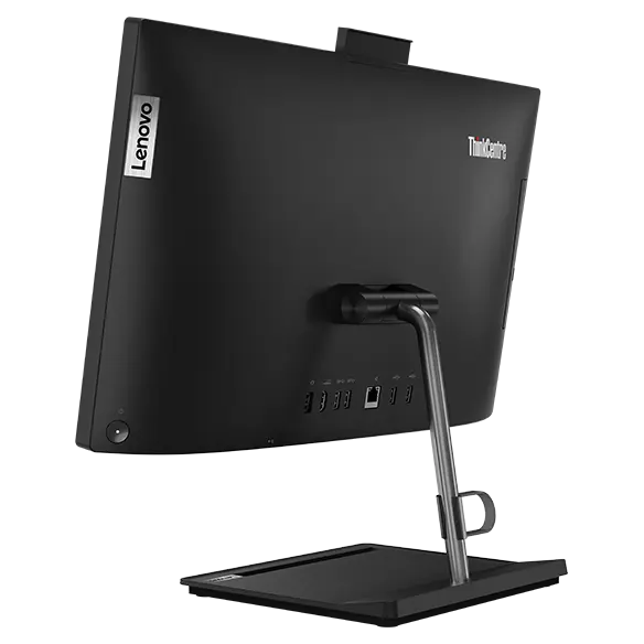 An eye-level image of the rear of a ThinkCentre Neo 30a (22&quot; Intel) all-in-one business PC, sitting on its support stand and viewed from the back-left corner.