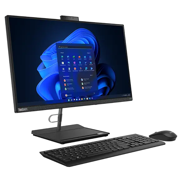 A ThinkCentre Neo 30a Gen 4 (24&quot; Intel) all-in-one business PC viewed at eye-level from the front left with its included keyboard and mouse and the pop-up webcam visible.