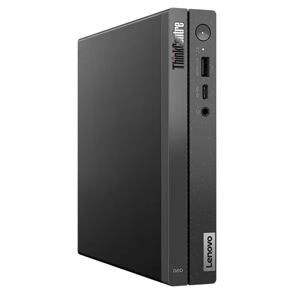 Side-facing Lenovo ThinkCentre Neo 50q Gen 4 (Intel) Thin Client, stood vertically, showing front & left-side panels