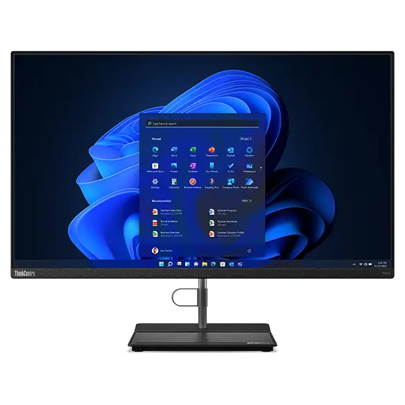 Front-facing Lenovo ThinkCentre Neo 30a all-in-one desktop PC, showing 27&quot; display with Windows 11 & space-saving stand