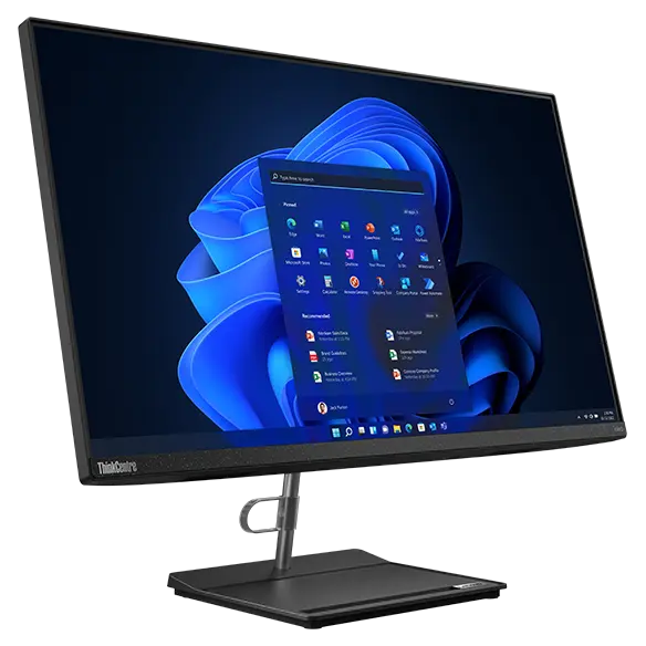 Left-side view of Lenovo ThinkCentre Neo 30a all-in-one desktop PC, showing 27&quot; display with Windows 11 & space-saving stand
