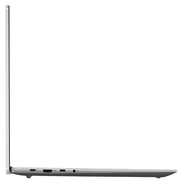 Left-side profile of IdeaPad Slim 5i Gen 8 laptop, opened at 90 degrees, showing edges of keyboard & top cover, & left-side ports