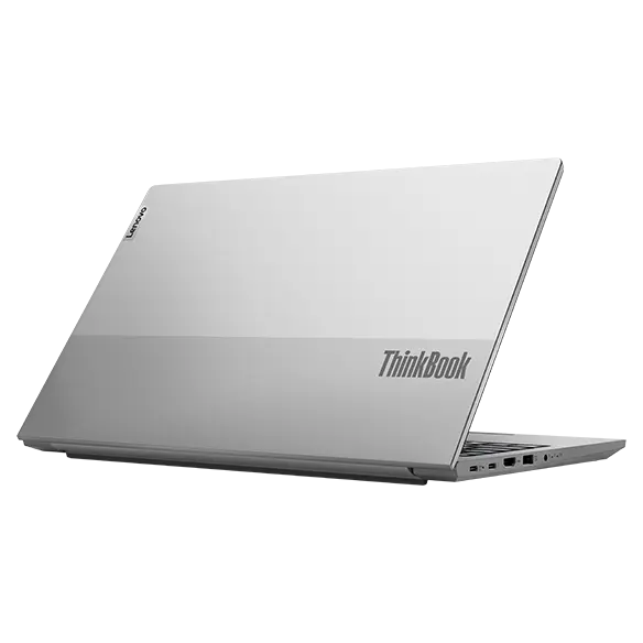 Back left angle view of a partially opened Lenovo ThinkBook 15 Gen 4 (Intel) laptop