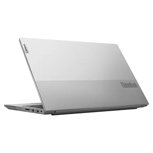 Back right angle view of a partially opened Lenovo ThinkBook 15 Gen 4 (Intel) laptop 