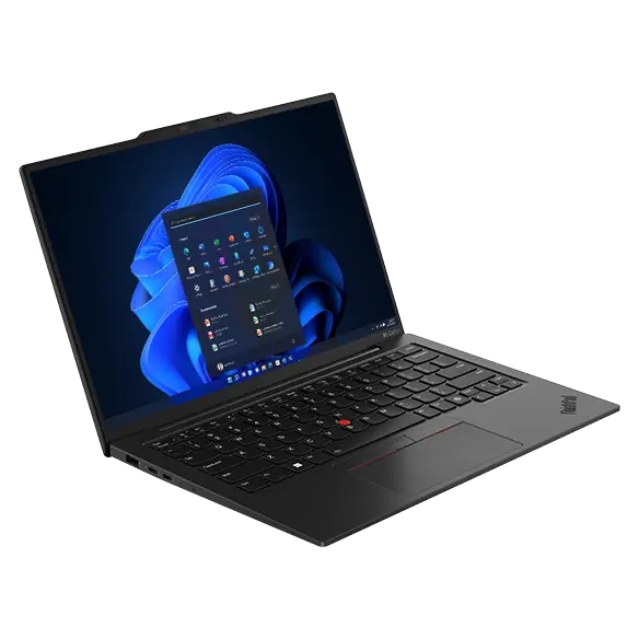 Overhead shot of Lenovo ThinkPad X1 Carbon Gen 12 laptop open 90 degrees, angled to show left side ports, keyboard, & display.
