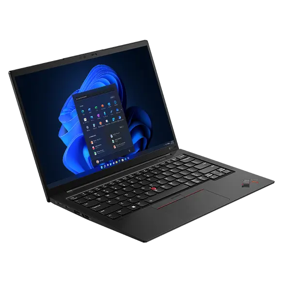 Lenovo ThinkPad X1 Carbon laptop: Left-front view, lid open, with bar charts on the display