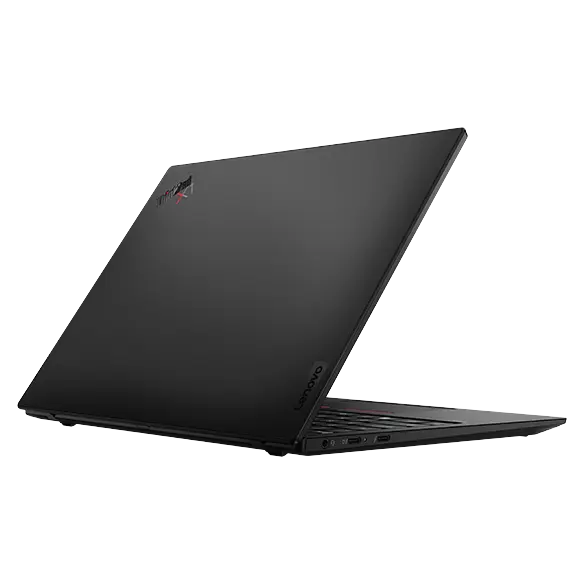 Rear-facing Lenovo ThinkPad X1 Nano Gen 3 laptop open slightly less than 90 degrees, angled to show left-side ports.