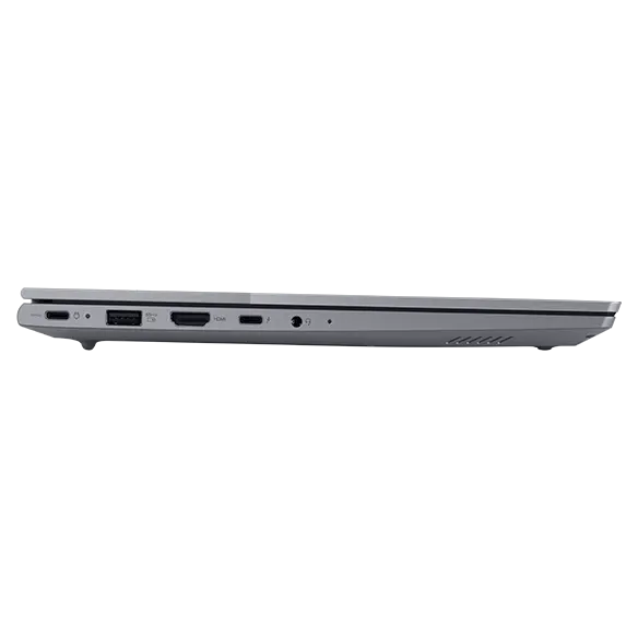 Left side view of Lenovo ThinkBook 14 Gen 7 (14 inch Intel) laptop with closed lid, focusing its five ports.